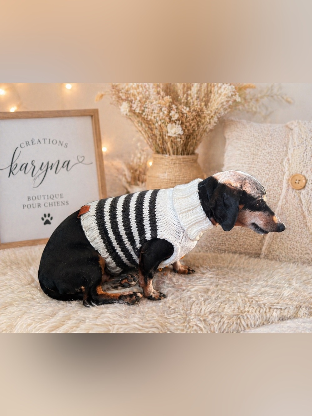 Cozy Cream & Black Striped hand-knitted Dog Sweater - without sleeves